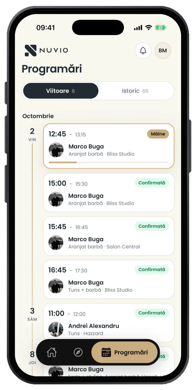 The Nuvio app's appointment list, upcoming and past