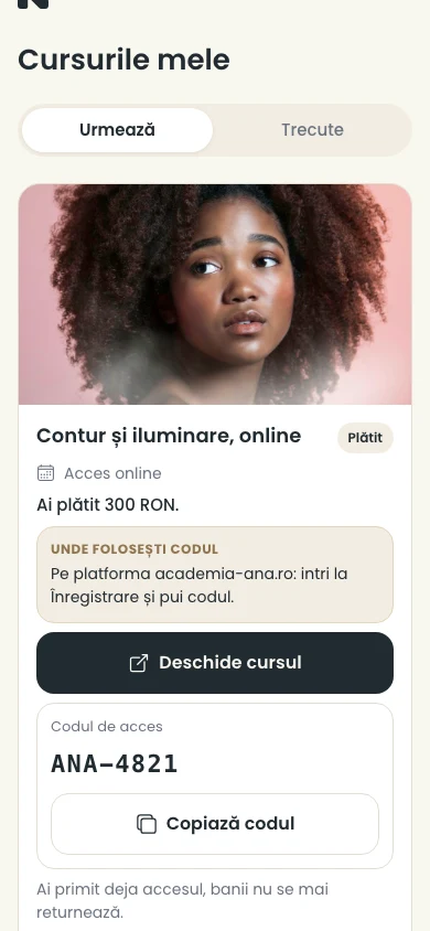 My courses on nuvio.ro: an online course with the access instructions and the buyer's code (in Romanian)