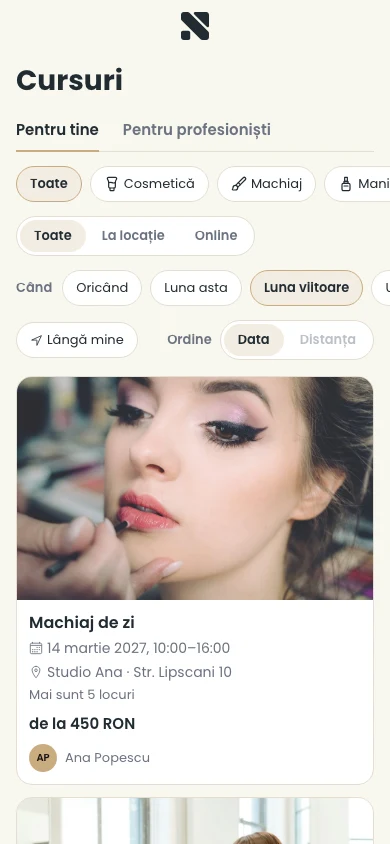 The course catalogue on nuvio.ro, with filters for category, format and date (in Romanian)