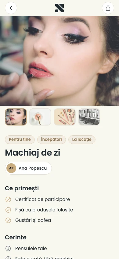 A make-up course page on nuvio.ro, with photos, the trainer and what participants get (in Romanian)