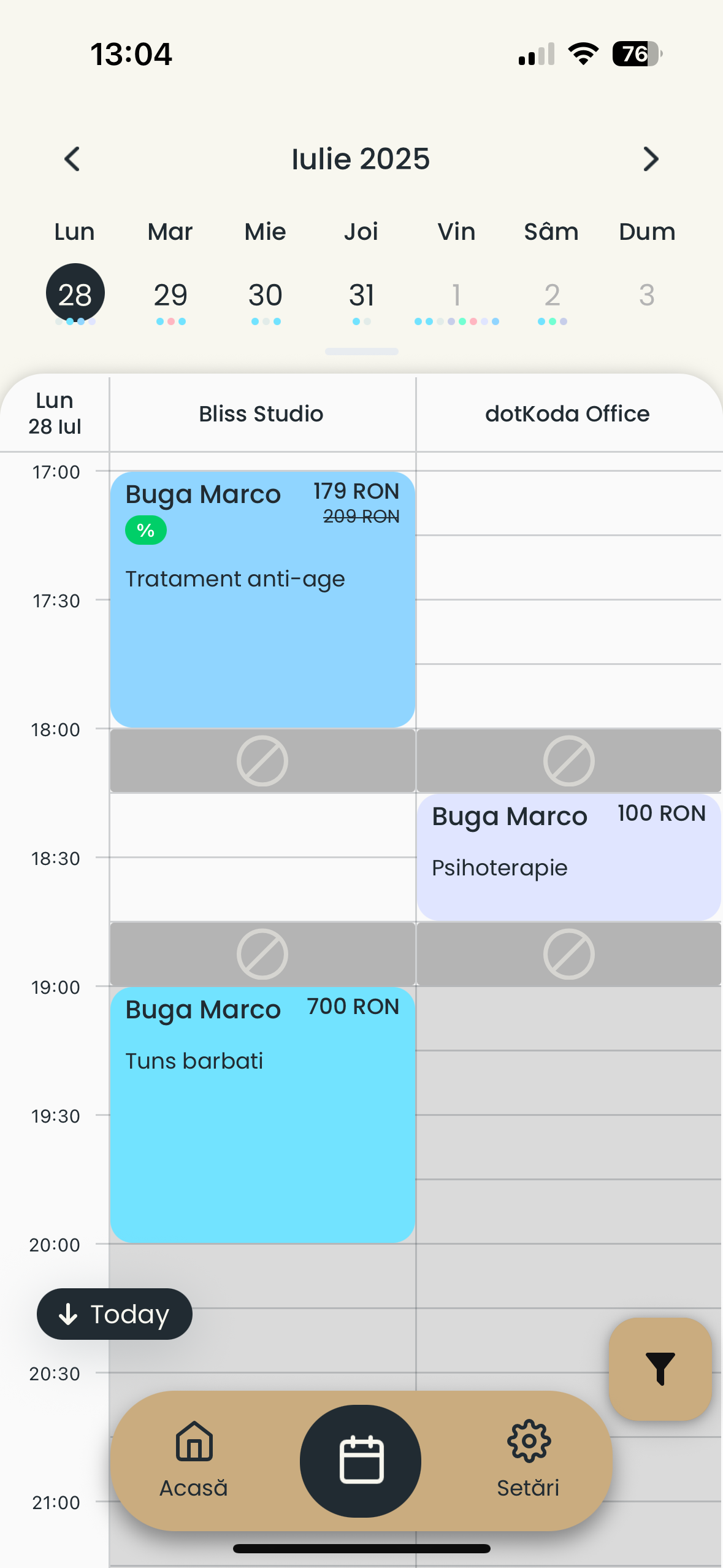 Nuvio aplicație de programări - interfață mobil