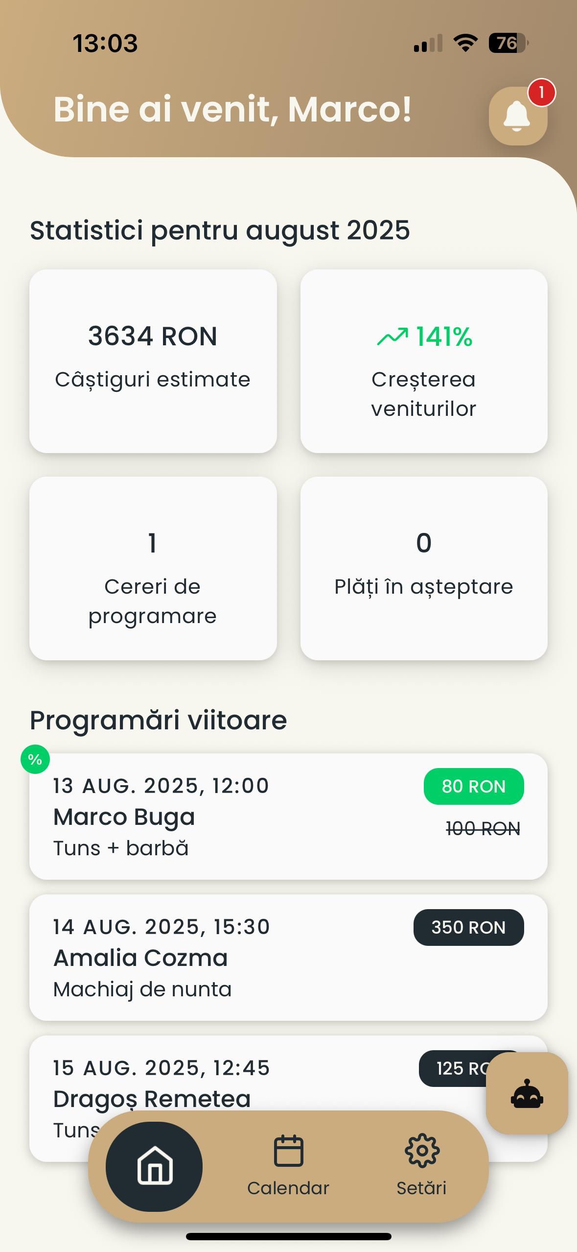 Nuvio aplicație de programări - interfață mobil