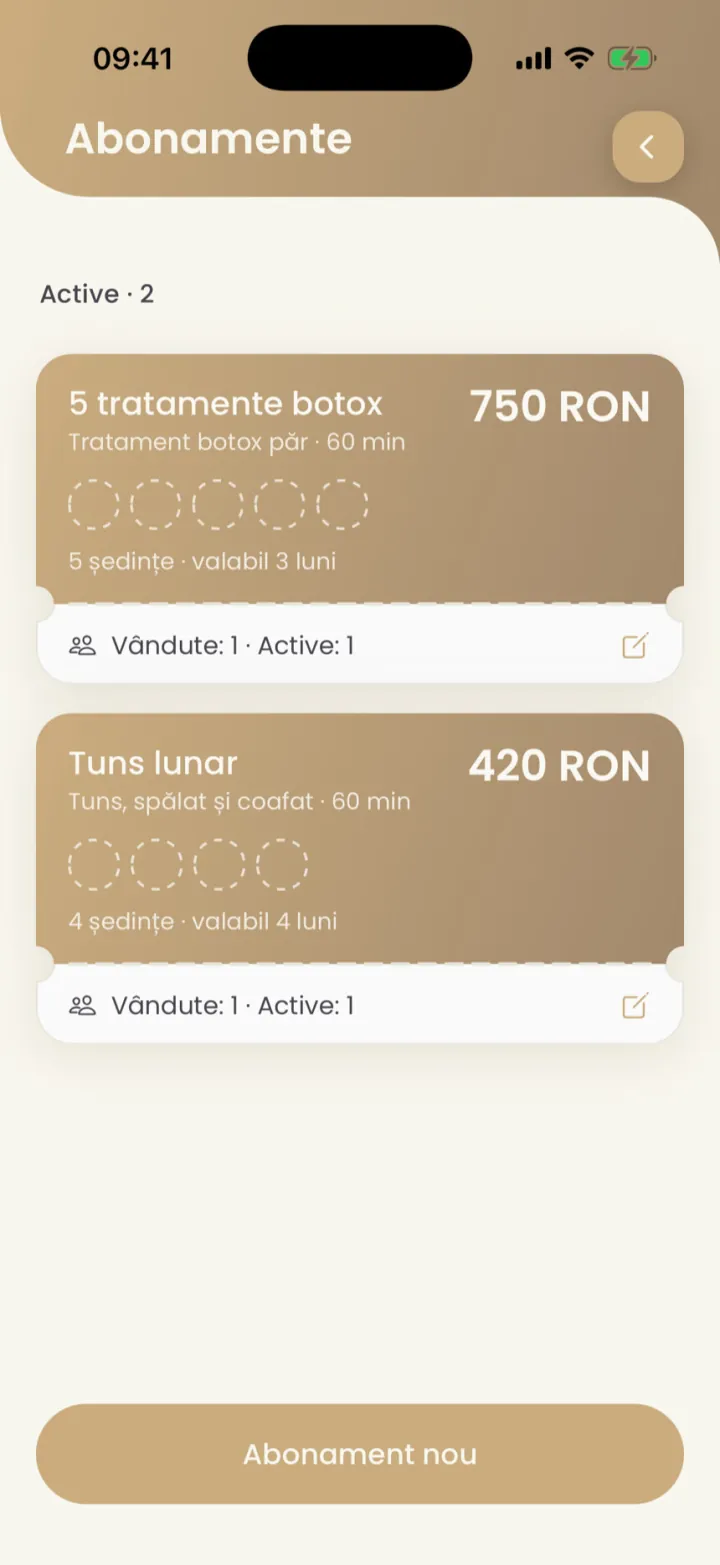 The Subscriptions list with two subscriptions, each with the price, sessions, validity and how many were sold