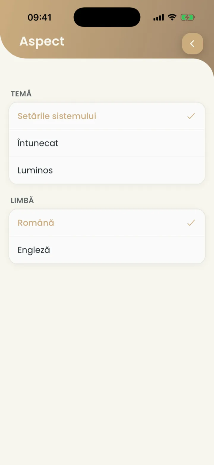The Appearance screen with the theme and the language of the app