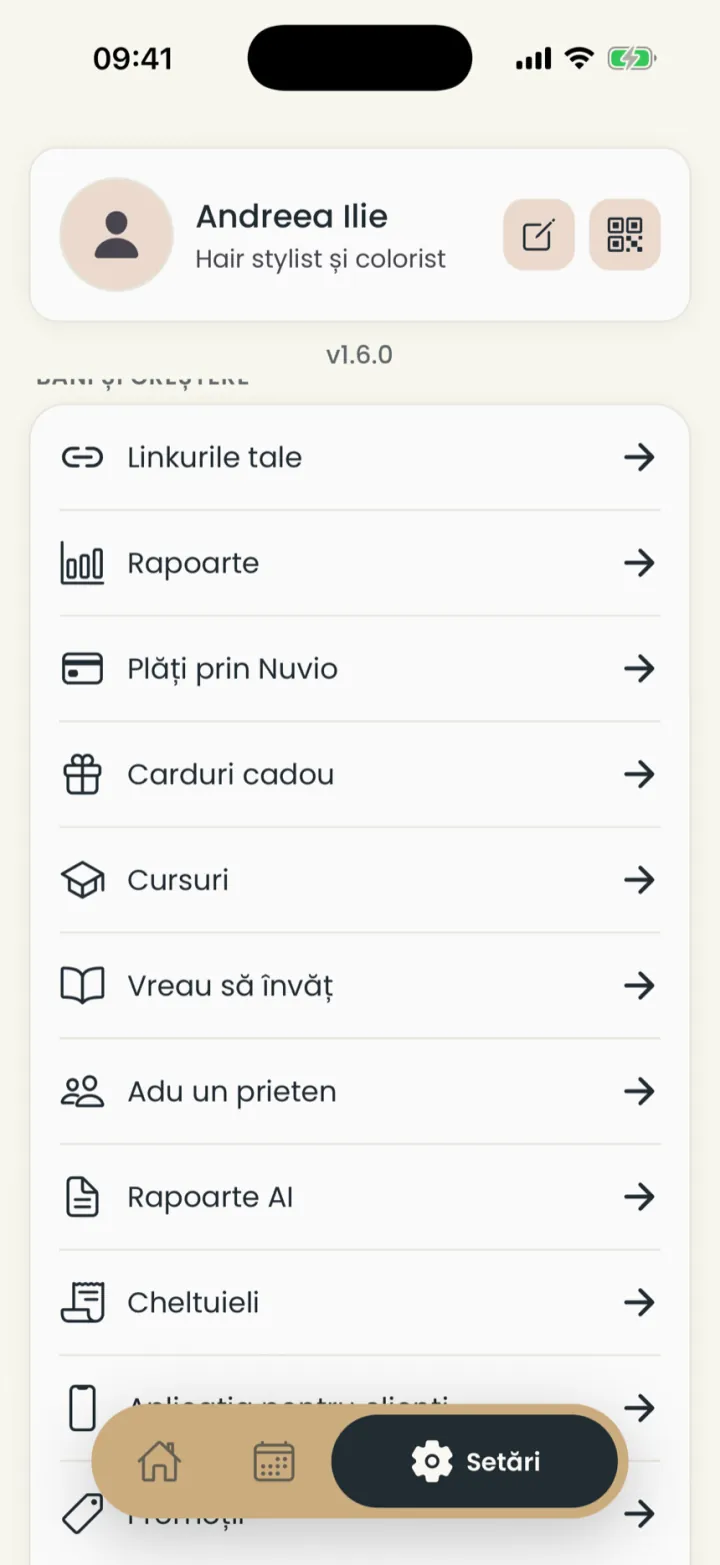 Settings: the Money and growth group, with Reports, Payments through Nuvio, Gift cards, Courses and more