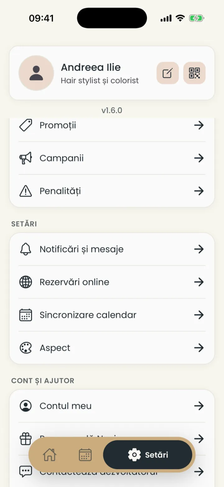 Settings: the Settings and Account and help groups, with Sign out at the end