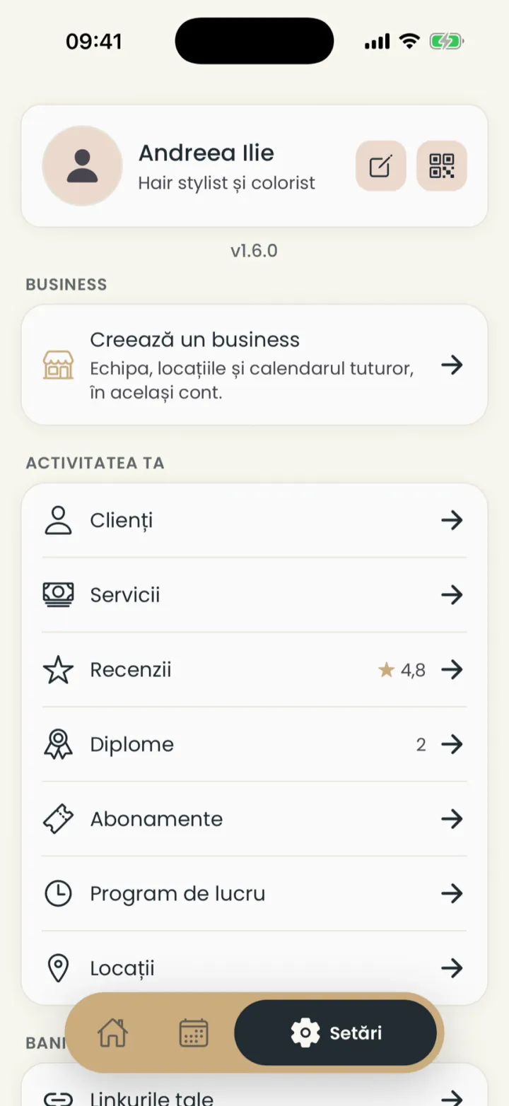 Settings: the profile with the photo and QR code, the Business group and the Your work group