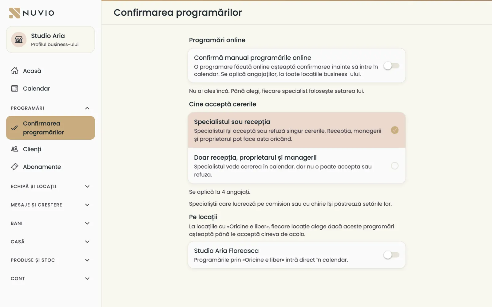 Setarea pentru confirmarea programărilor online și cine acceptă cererile