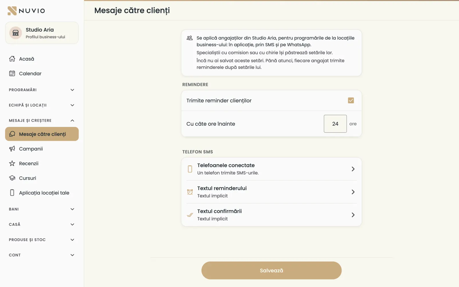 Setările pentru mesajele către clienți: reminderul, orele dinainte și telefonul SMS