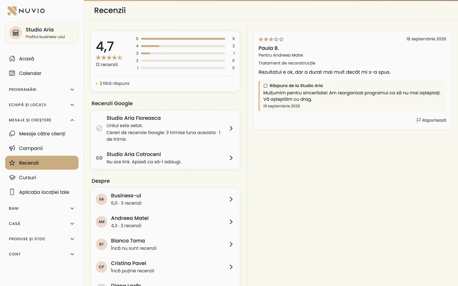 Recenziile business-ului: nota medie, recenziile fără răspuns și nota fiecărui specialist