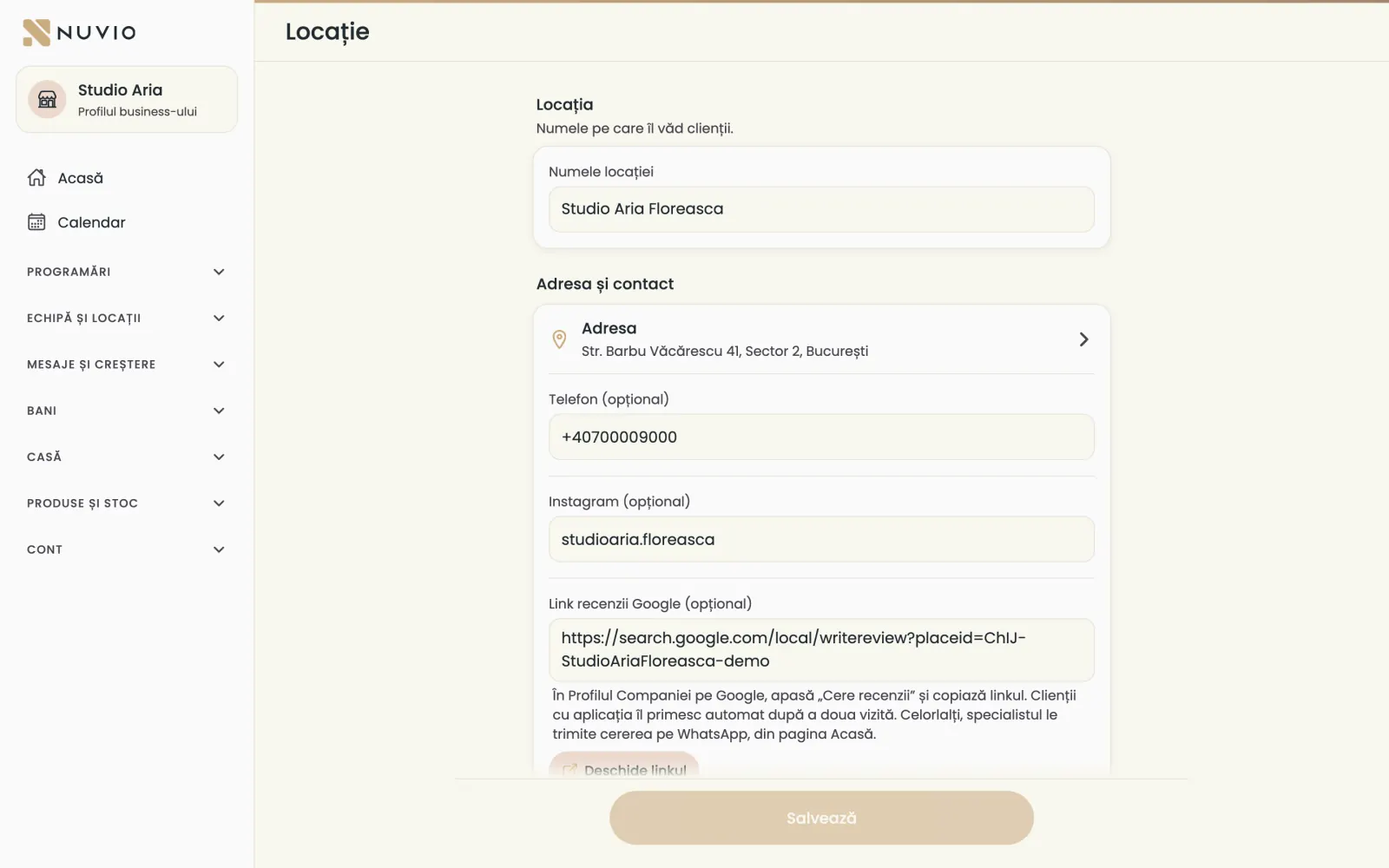 Setările unei locații: adresa, linkul de recenzii Google, logo-ul, coperta și pagina publică