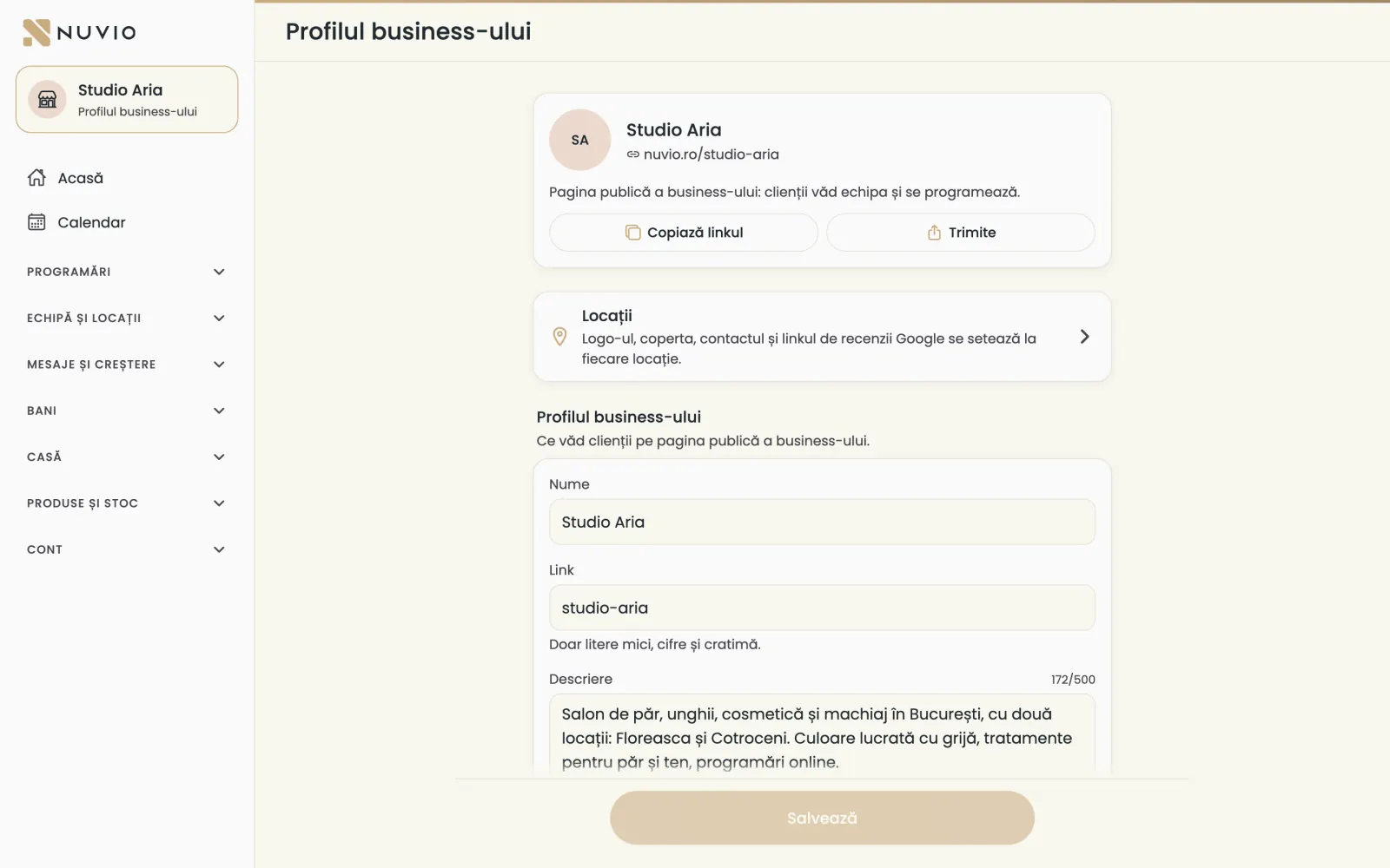 Profilul business-ului cu numele, linkul public și descrierea