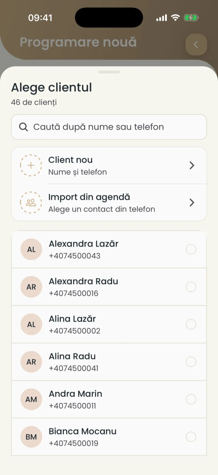 Lista Alege clientul, cu căutarea, Client nou, Import din agendă și clienții în ordine alfabetică