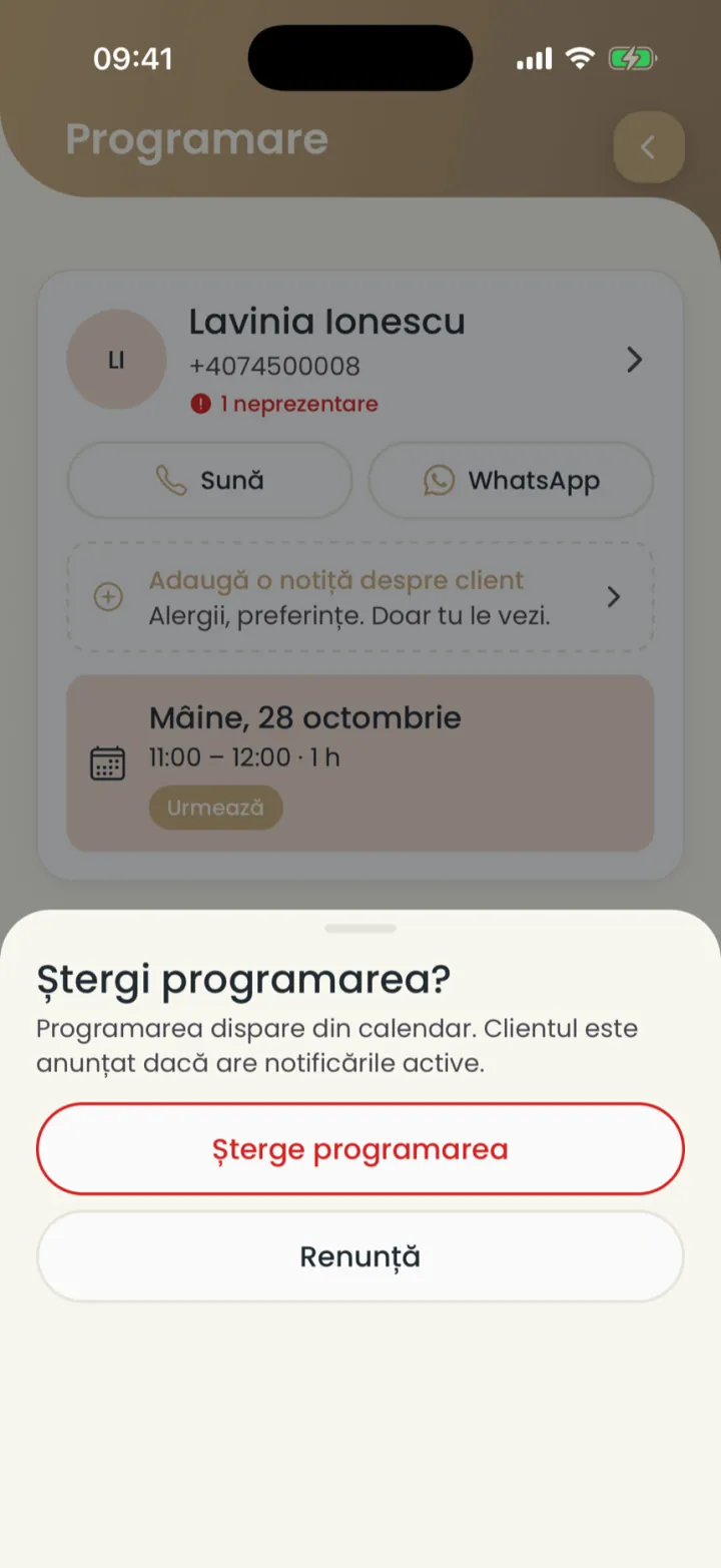Întrebarea Ștergi programarea, cu butoanele Șterge programarea și Renunță