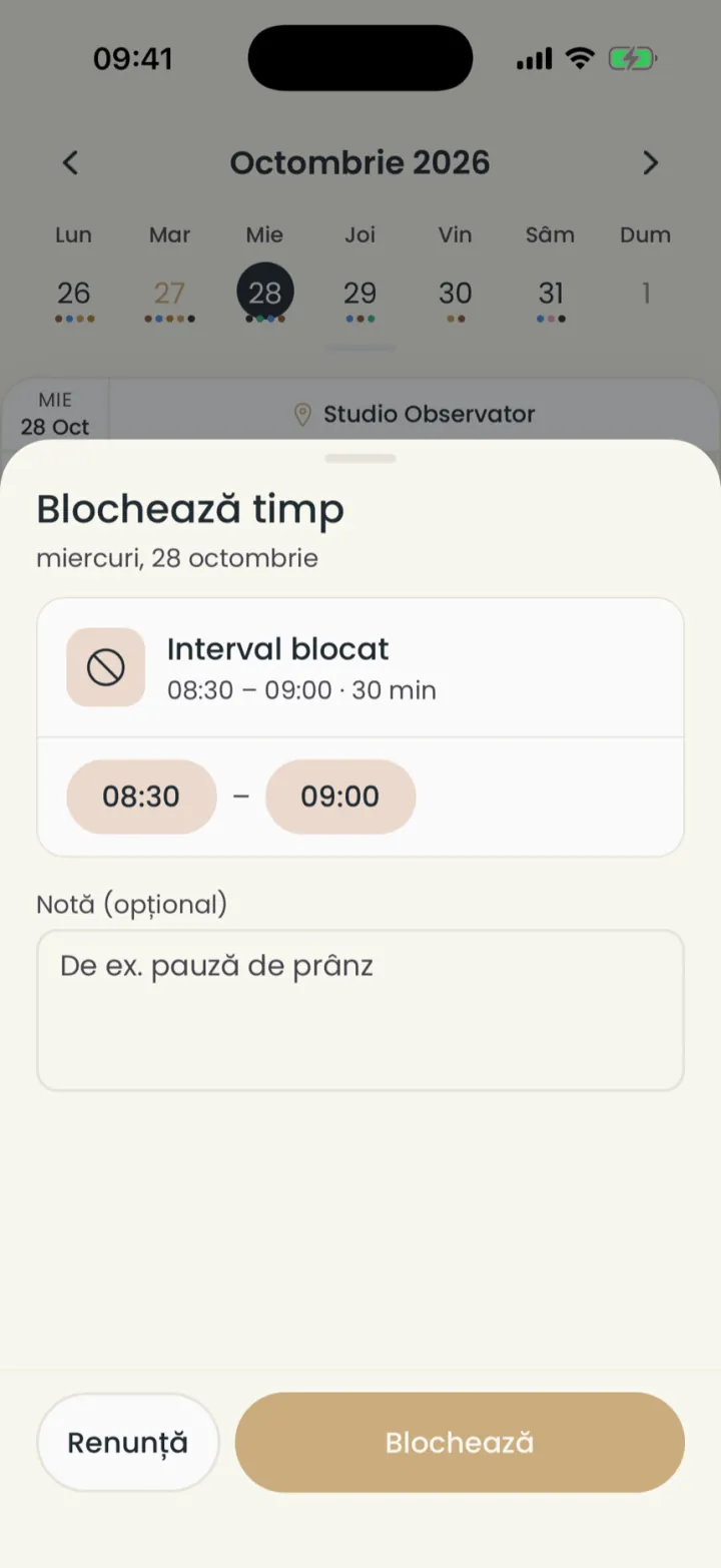 Fereastra Blochează timp, cu intervalul blocat, nota și butonul Blochează