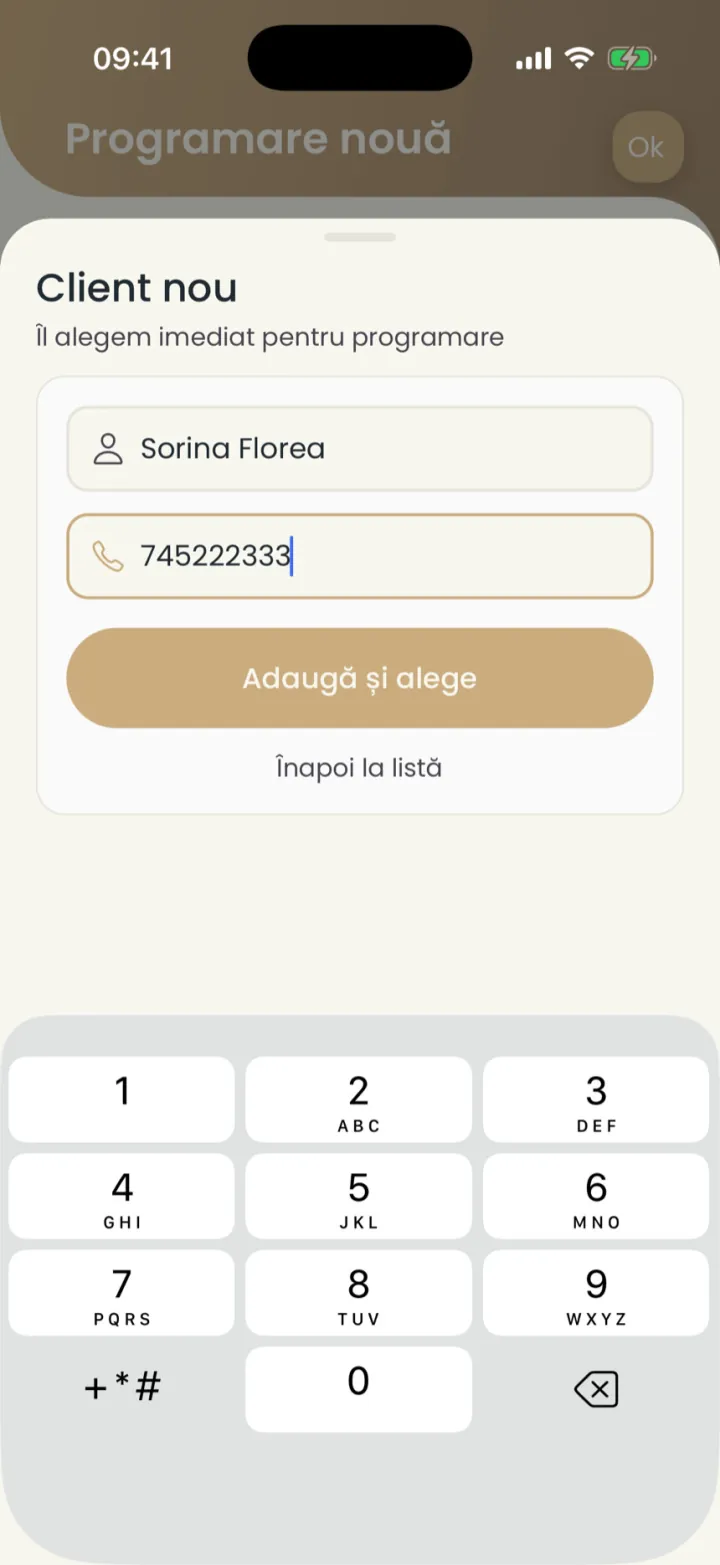 Fereastra Client nou cu numele și telefonul completate