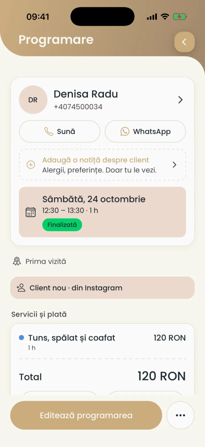Detaliile unei programări: clienta, butoanele Sună și WhatsApp, data și eticheta Prima vizită