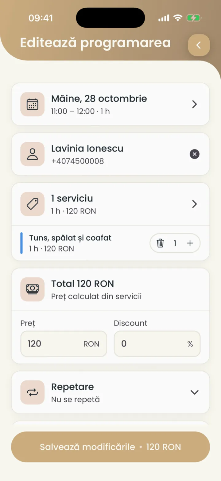 Ecranul Editează programarea: data, clientul, serviciul, prețul și reducerea
