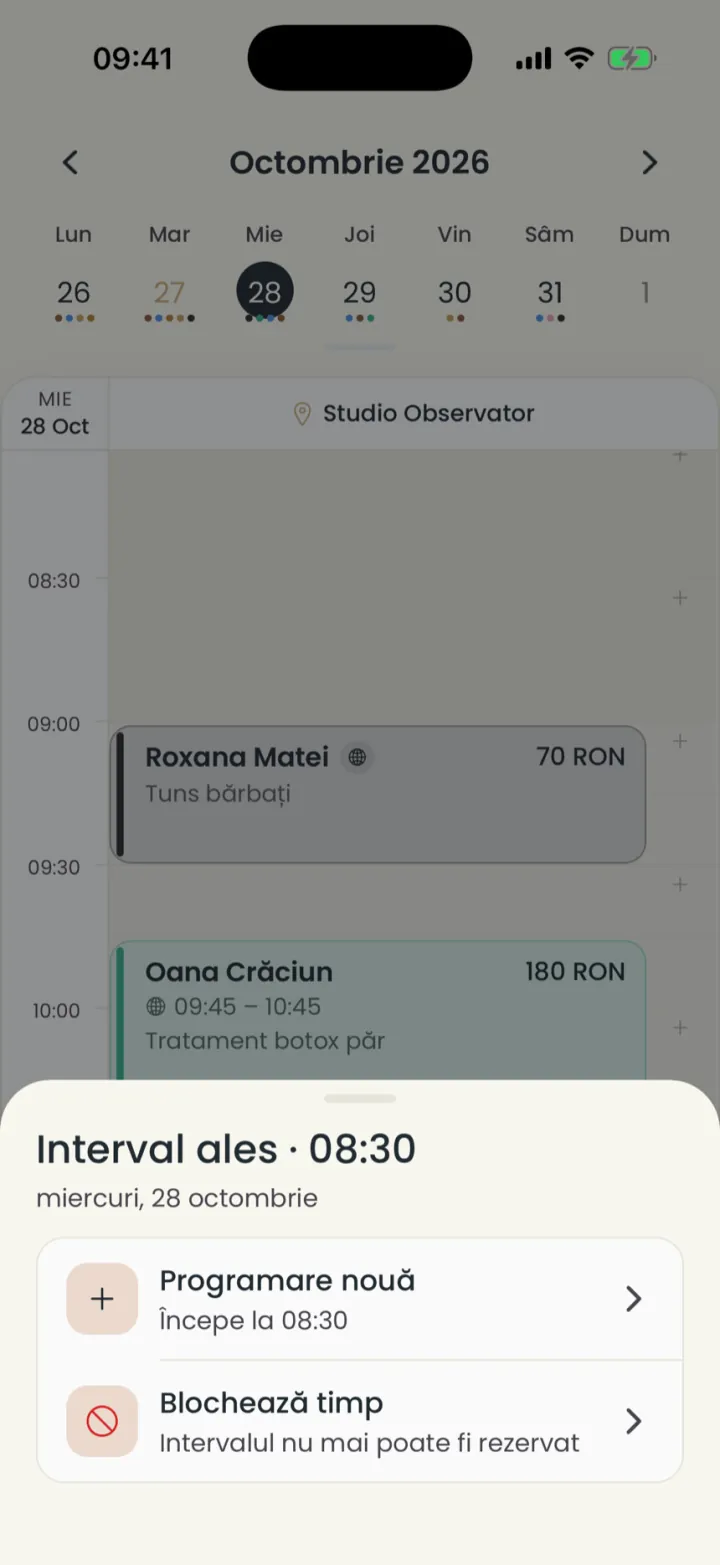 Fereastra Interval ales, cu Programare nouă și Blochează timp