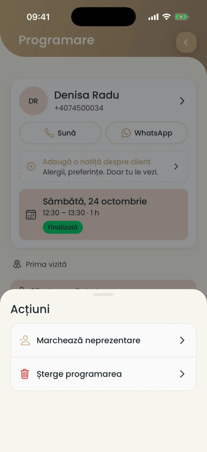 Fereastra Acțiuni cu Marchează neprezentare și Șterge programarea