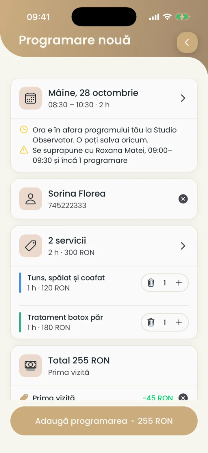 Programare nouă completată: data, clientul, două servicii, reducerea Prima vizită și totalul