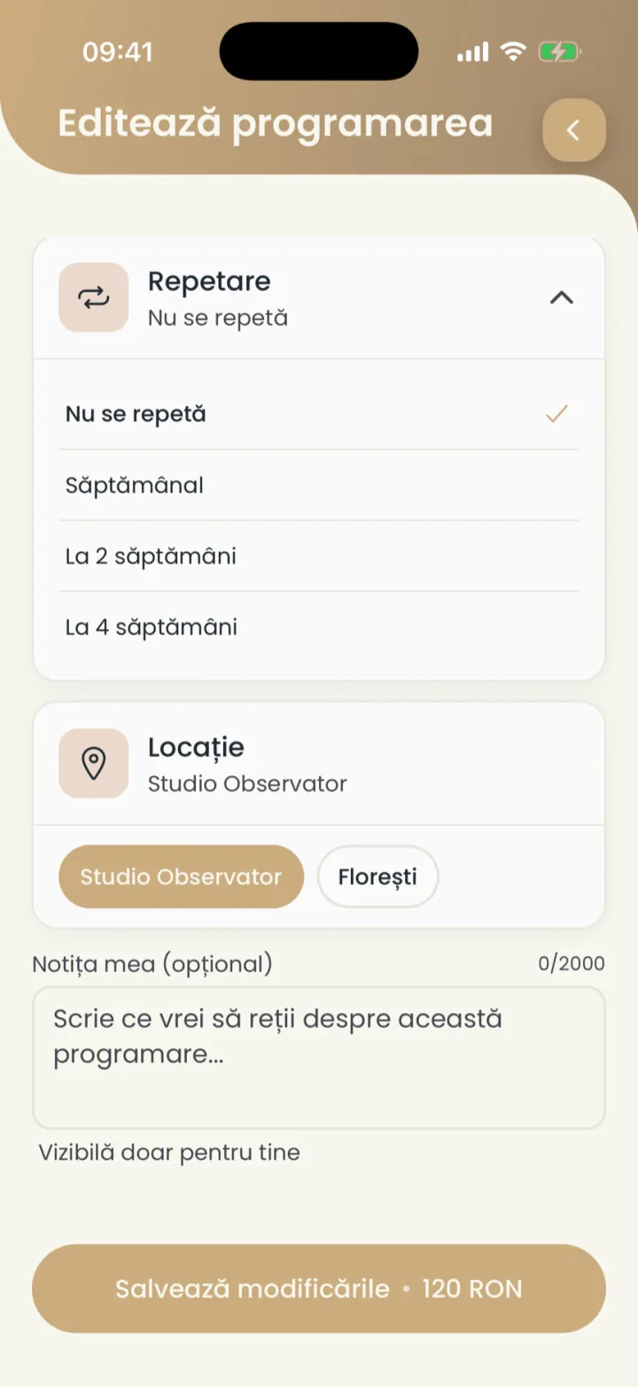 Secțiunea Repetare deschisă, cu Nu se repetă, Săptămânal, La 2 săptămâni și La 4 săptămâni
