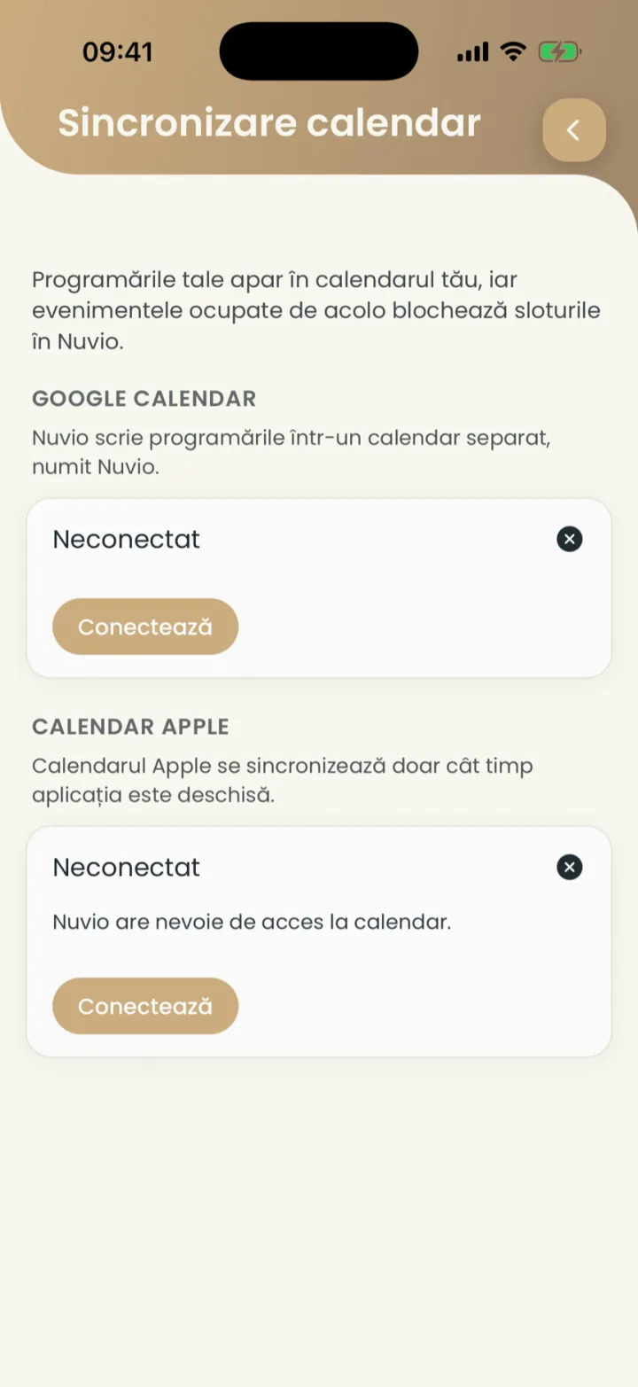 Ecranul Sincronizare calendar, cu Google Calendar și Calendar Apple neconectate