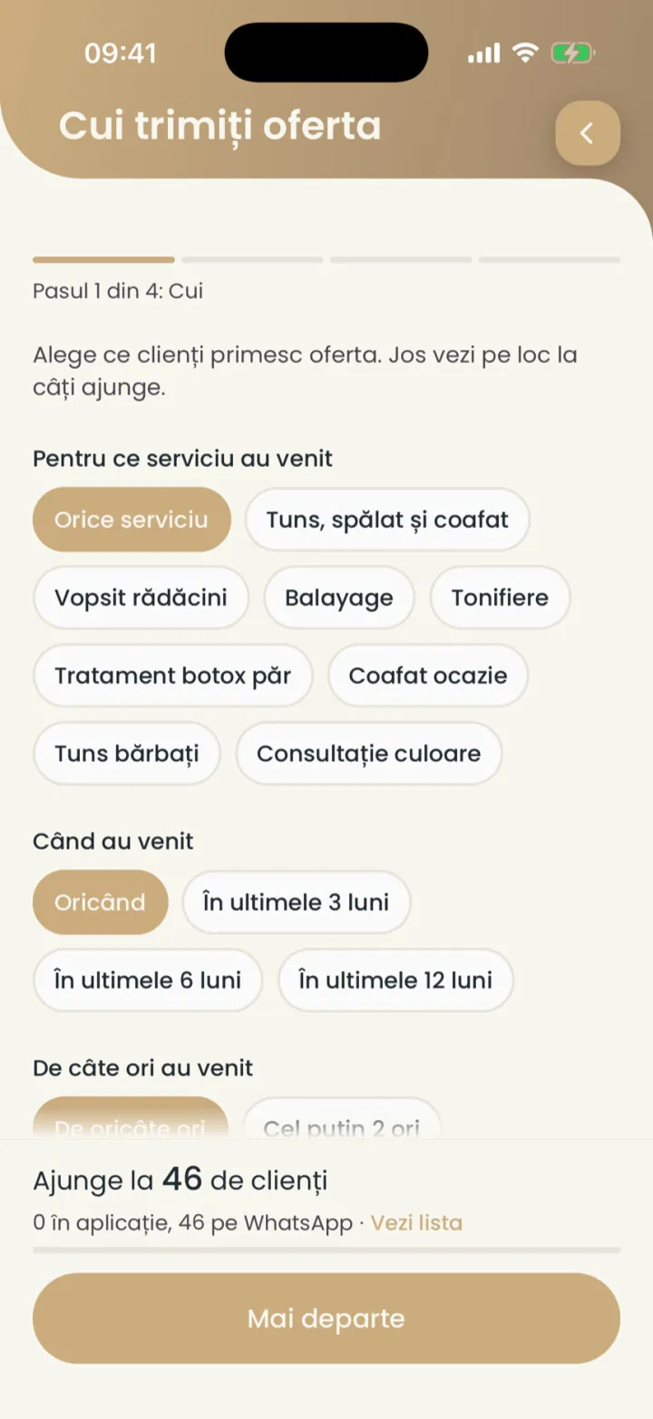 Primul pas al ofertei pentru un grup: serviciul, când au venit și de câte ori, cu numărul de clienți la care ajunge