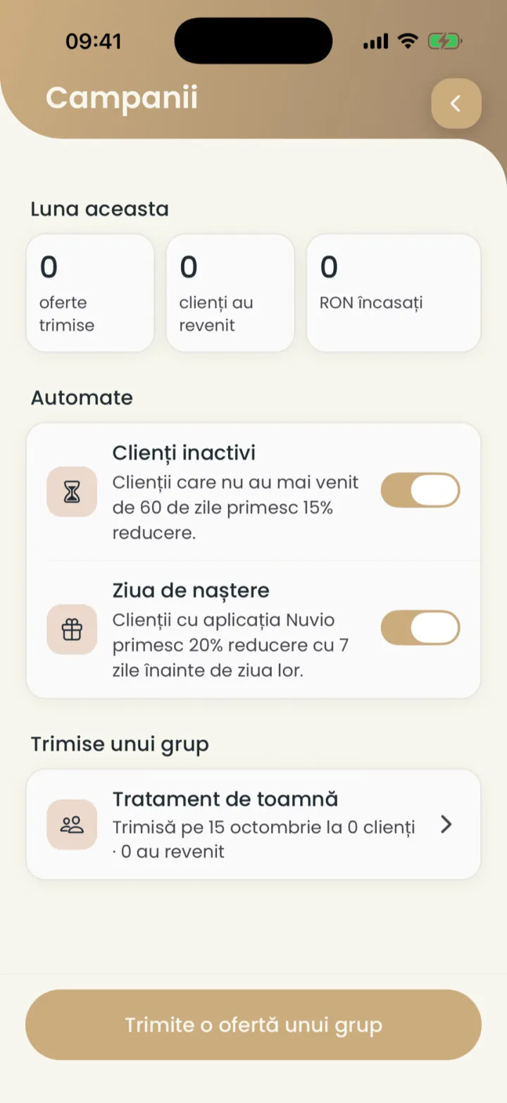 Ecranul Campanii: cifrele lunii, campaniile automate pornite și o ofertă trimisă unui grup