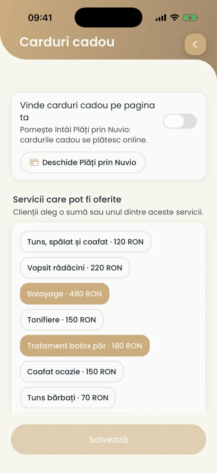 Gift card settings: the selling switch and the services that can be given
