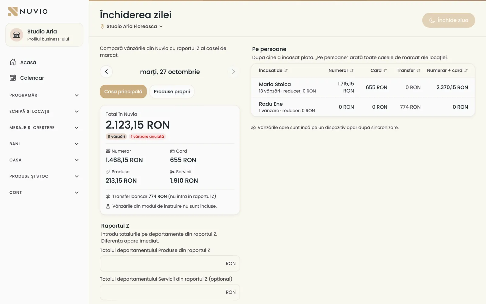 Închiderea zilei: totalul din Nuvio pe numerar și card, câmpurile pentru raportul Z și încasările pe persoane