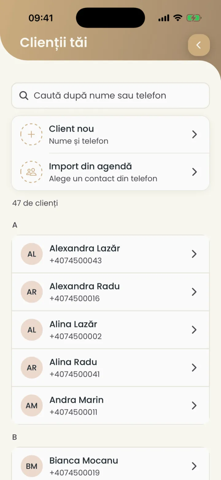 Lista Clienții tăi, cu căutarea, Client nou, Import din agendă și clienții în ordine alfabetică