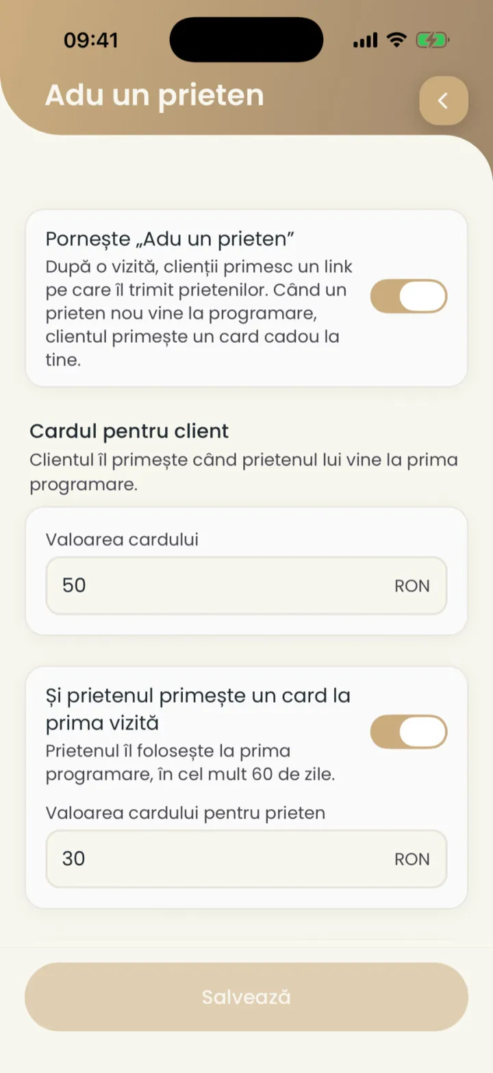 Ecranul Adu un prieten, pornit, cu valoarea cardului pentru client și pentru prieten