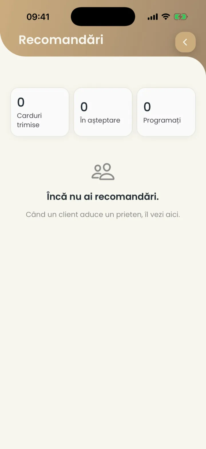 Ecranul Recomandări, încă gol, cu carduri trimise, în așteptare și programați