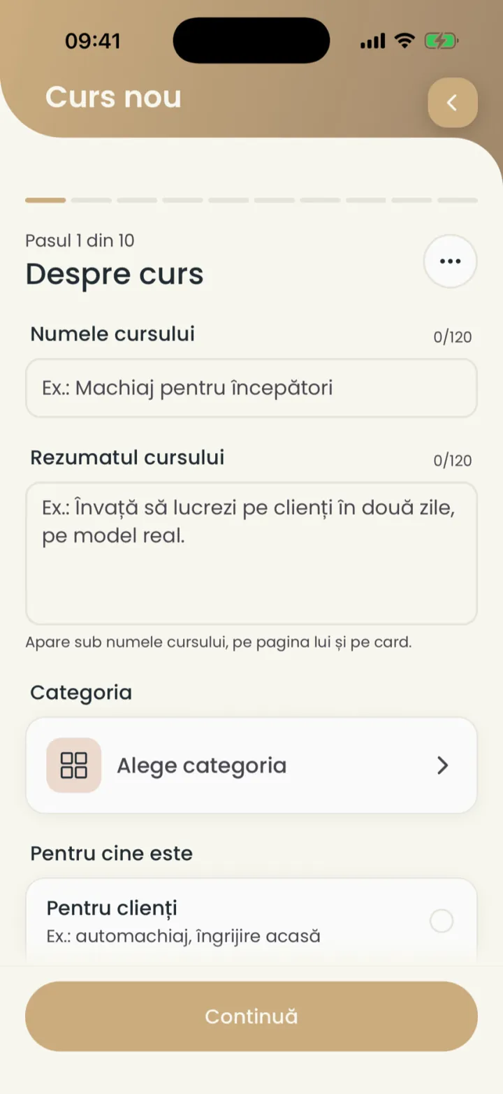 Primul pas din 10 al unui curs nou: numele, rezumatul, categoria și pentru cine este