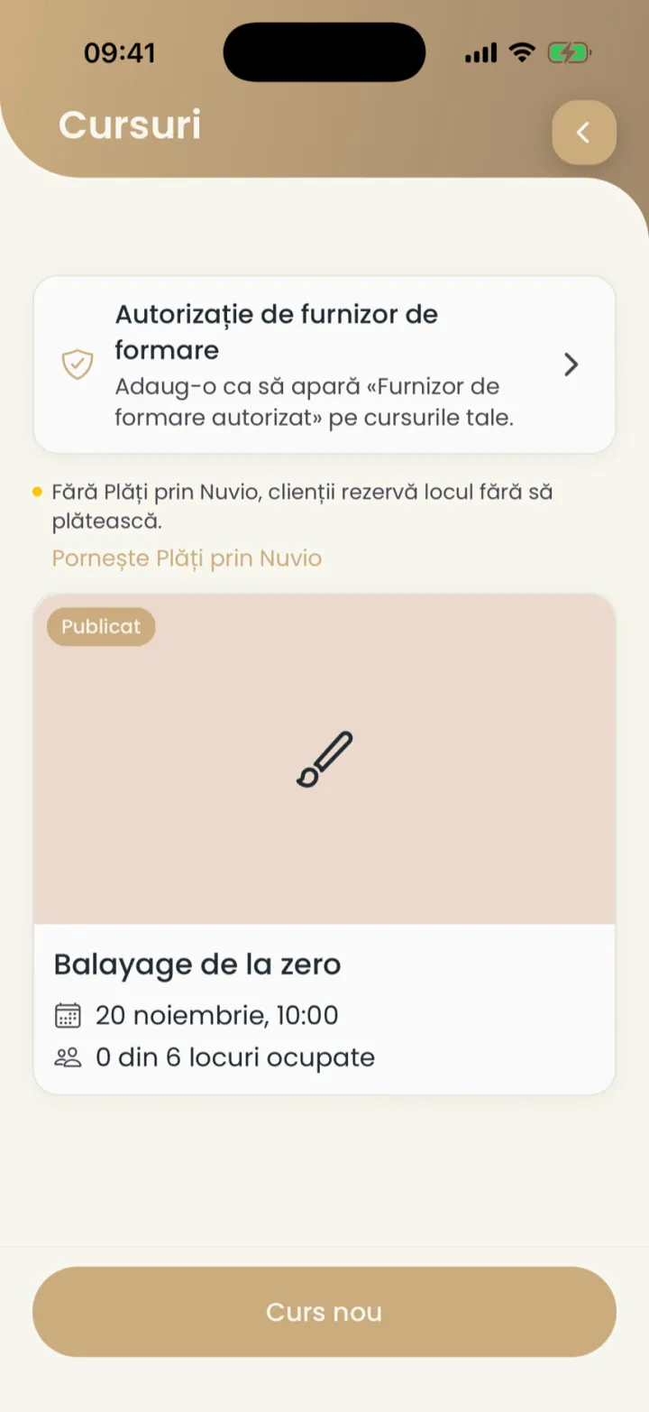 Lista Cursuri cu autorizația de furnizor, un curs publicat, data primei ediții și locurile ocupate