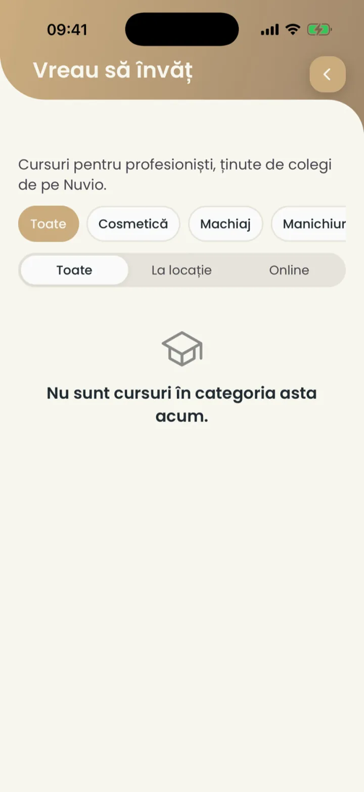 Ecranul Vreau să învăț cu filtrele de categorie și de loc