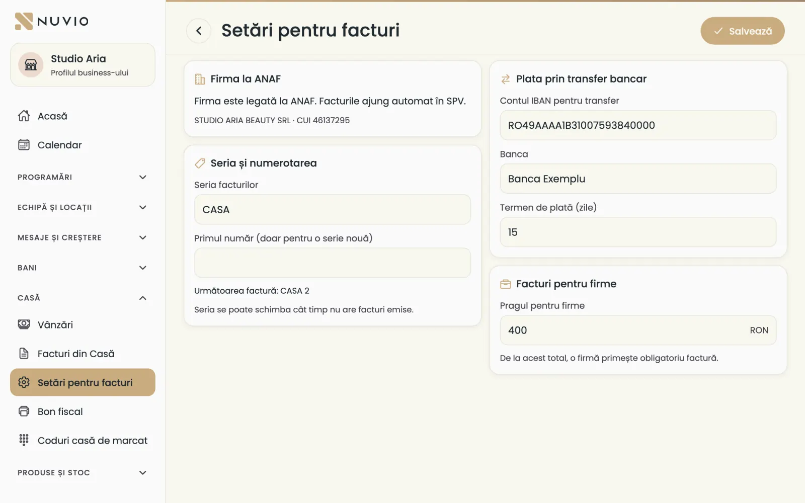 Setările facturilor: firma la ANAF, seria, plata prin transfer bancar și pragul pentru firme
