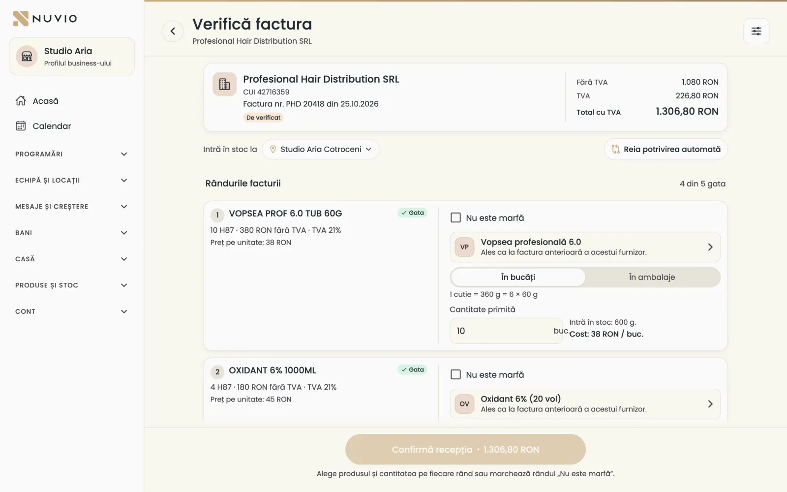 Verificarea unei facturi din SPV: totalul, locația și rândurile cu produsul propus și cantitatea