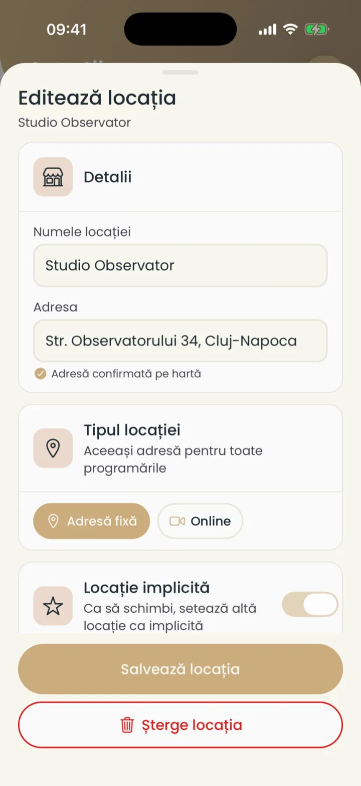 Ecranul Editează locația, cu numele, adresa confirmată pe hartă și tipul locației