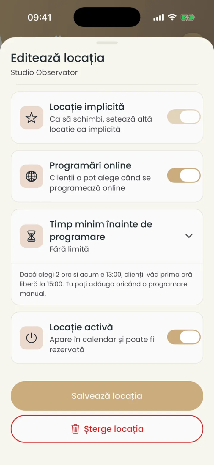 Setările locației: locație implicită, programări online, timp minim înainte de programare și locație activă