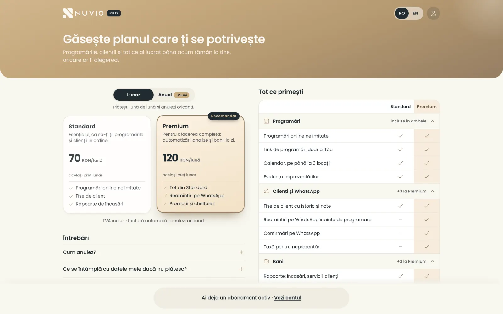 Pagina planurilor de pe pro.nuvio.ro, cu Standard și Premium și ce include fiecare