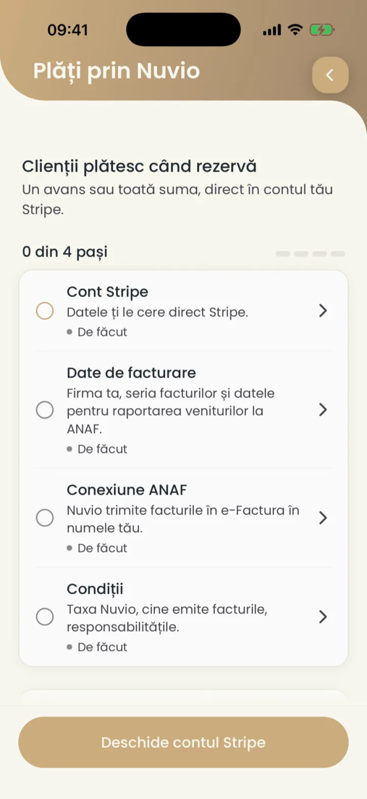 Plăți prin Nuvio: 0 din 4 pași, cu Cont Stripe, Date de facturare, Conexiune ANAF și Condiții