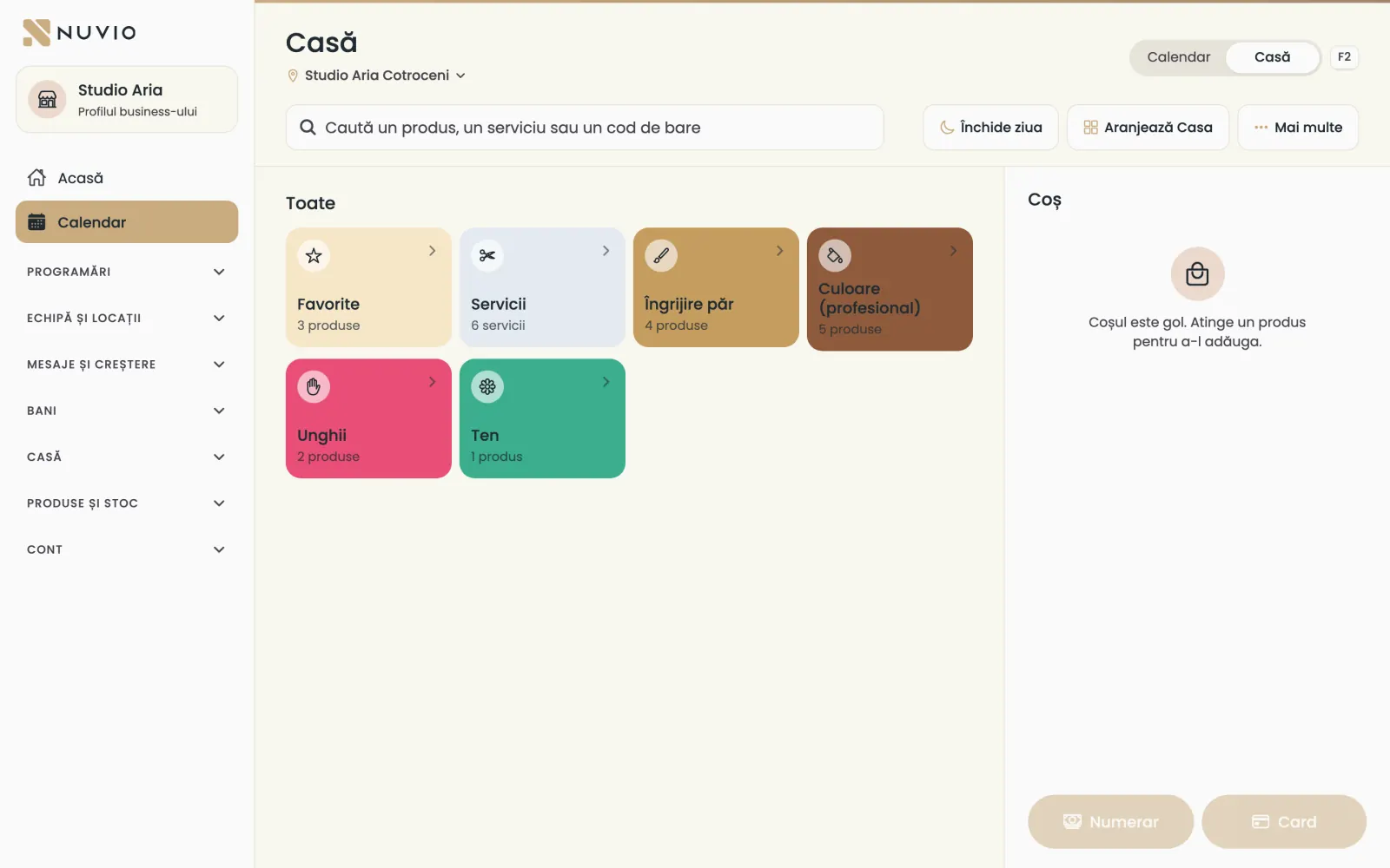 Casa pe calculator: categoriile de produse și servicii în stânga, coșul gol în dreapta