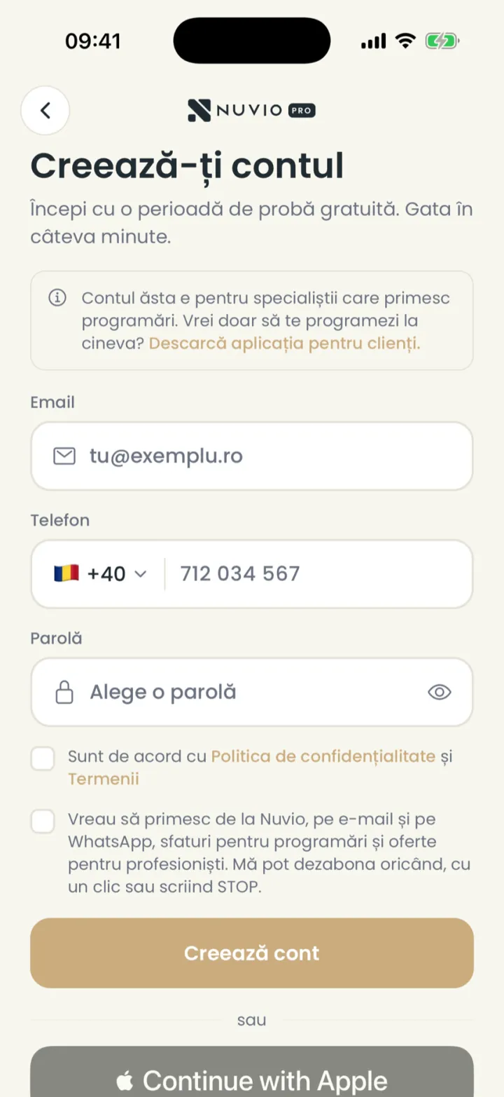 The new account form: e-mail, phone, password and the terms