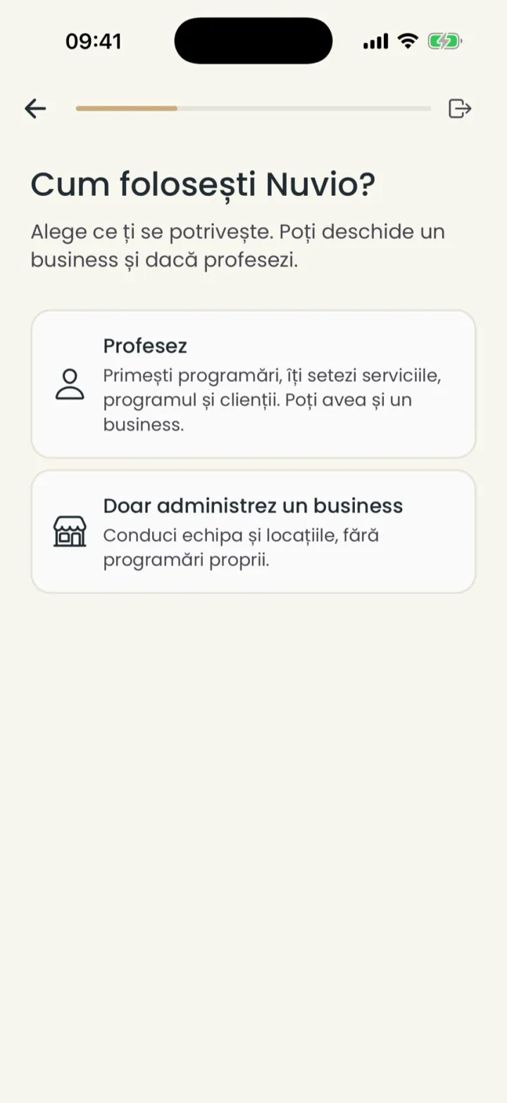 The step that asks how you use Nuvio: I practise, or I only run a business