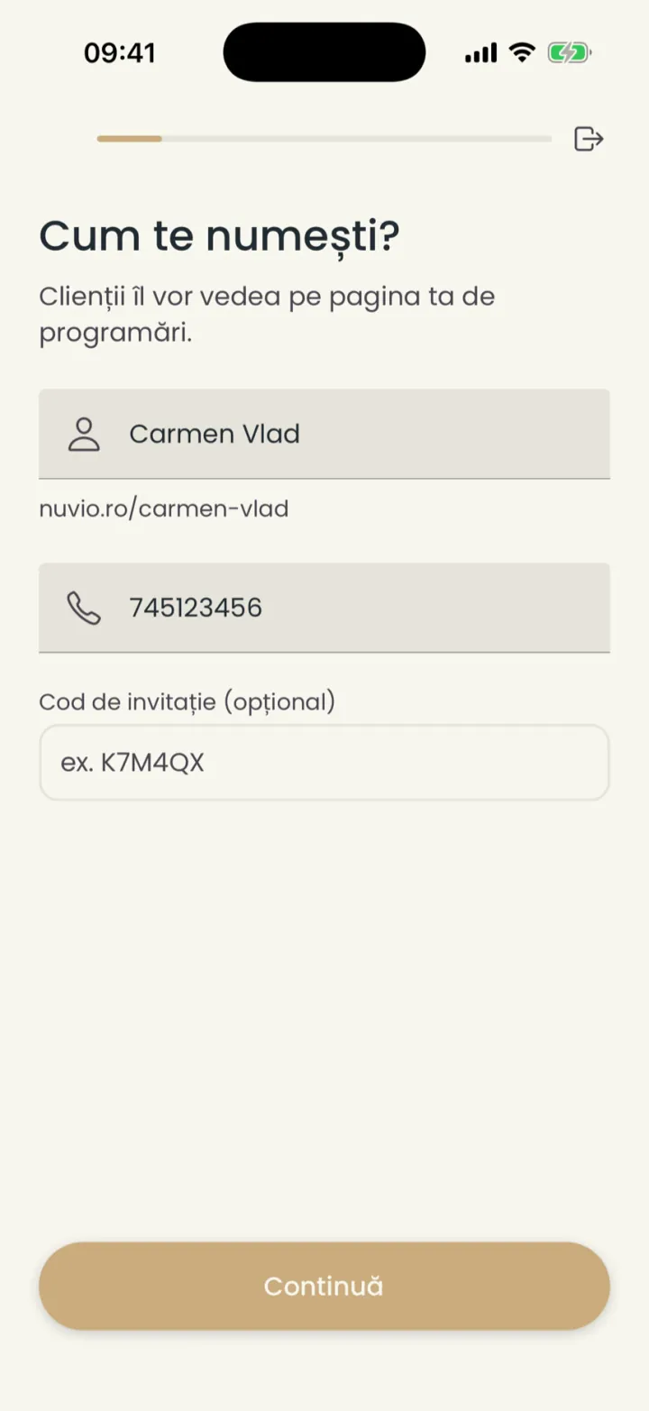The name step, with the name, the phone and the nuvio.ro page address