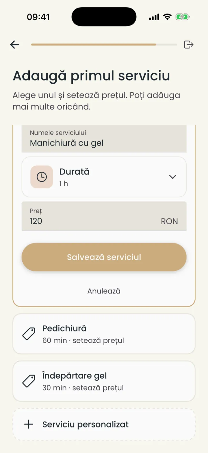 The chosen service with its duration and price in RON