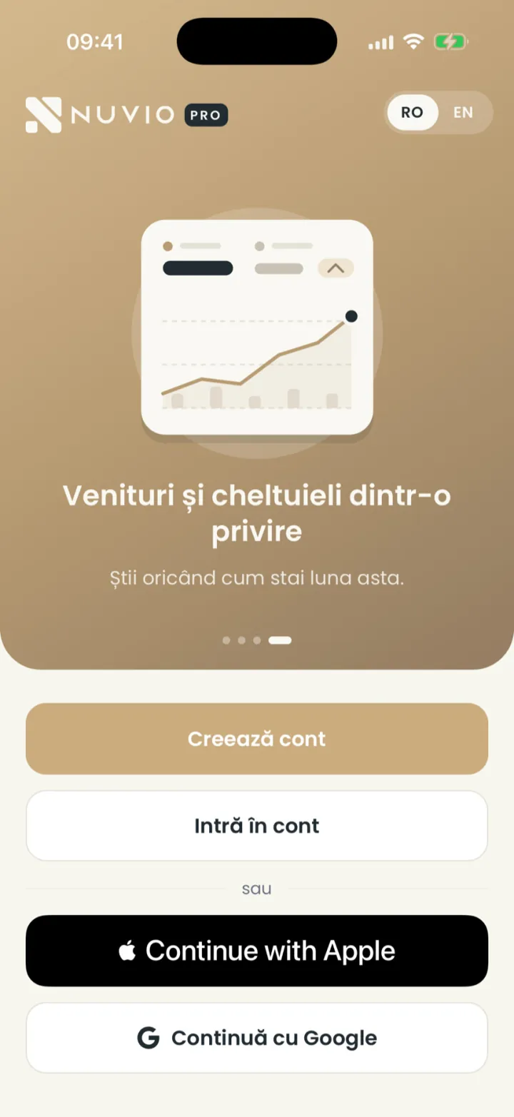 The first screen of Nuvio Pro, with Create account, Log in, Apple and Google