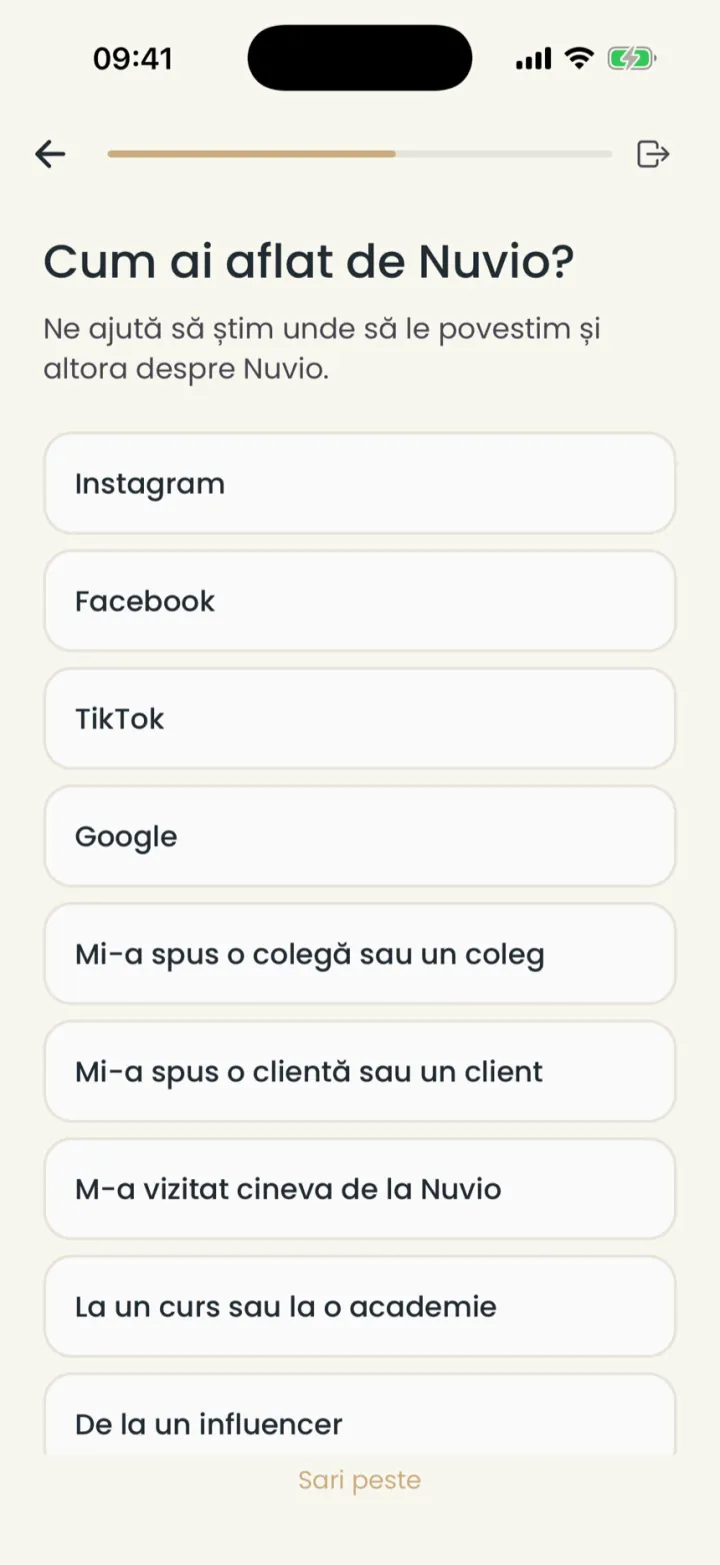 The step that asks how you heard of Nuvio, with Instagram, Facebook, TikTok, Google and others